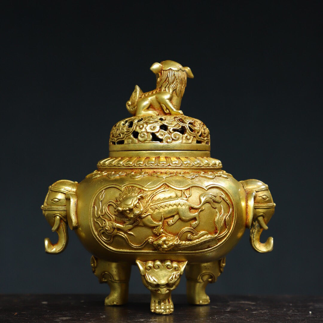 Chinese antique pure copper [lion lid] incense burner