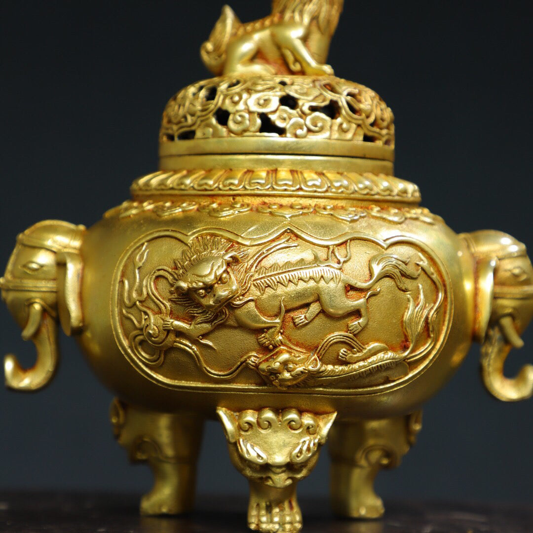 Chinese antique pure copper [lion lid] incense burner