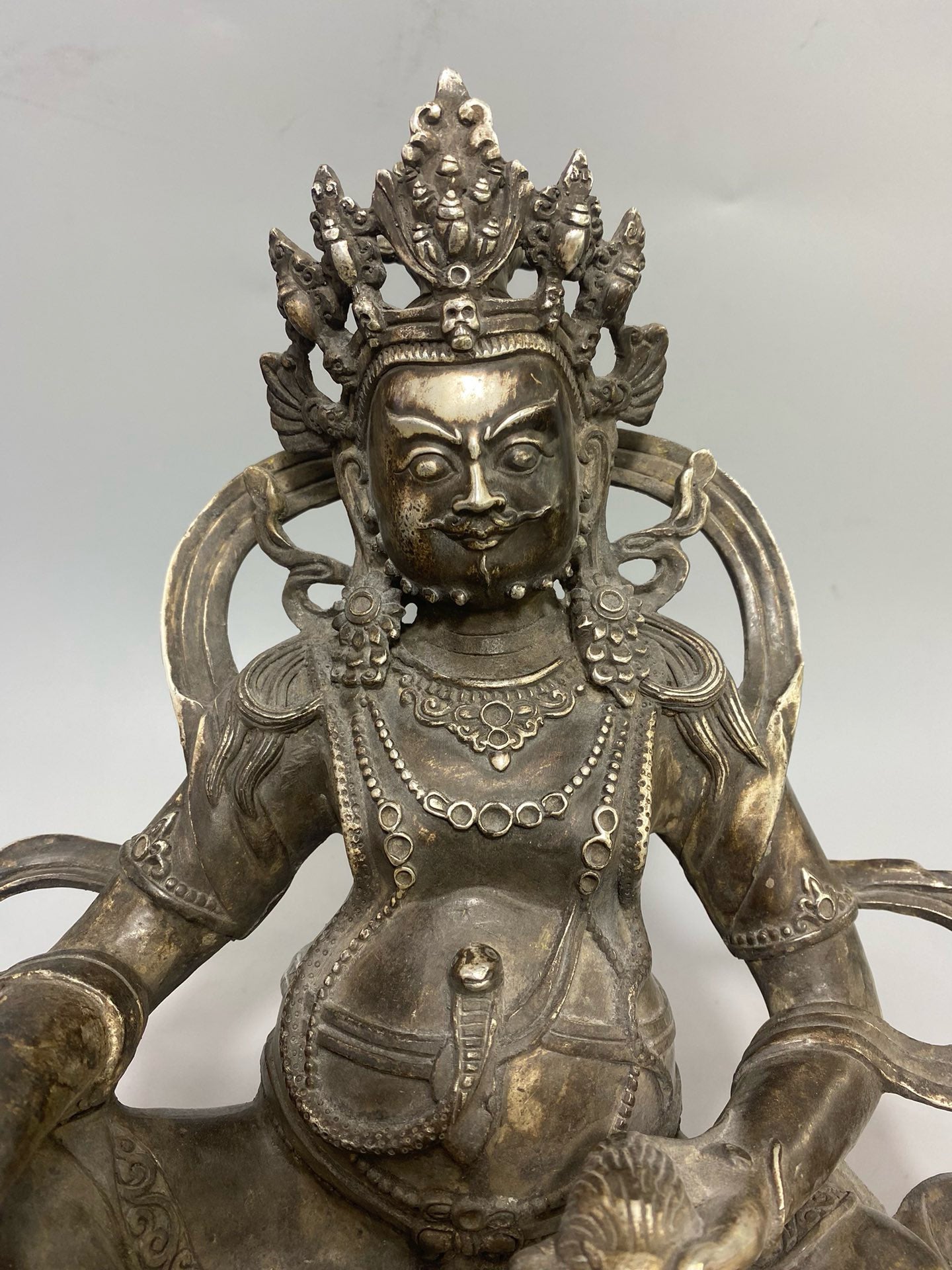 Chinese antique pure copper gilded silver yellow statue of the God of Wealth Buddha ornament