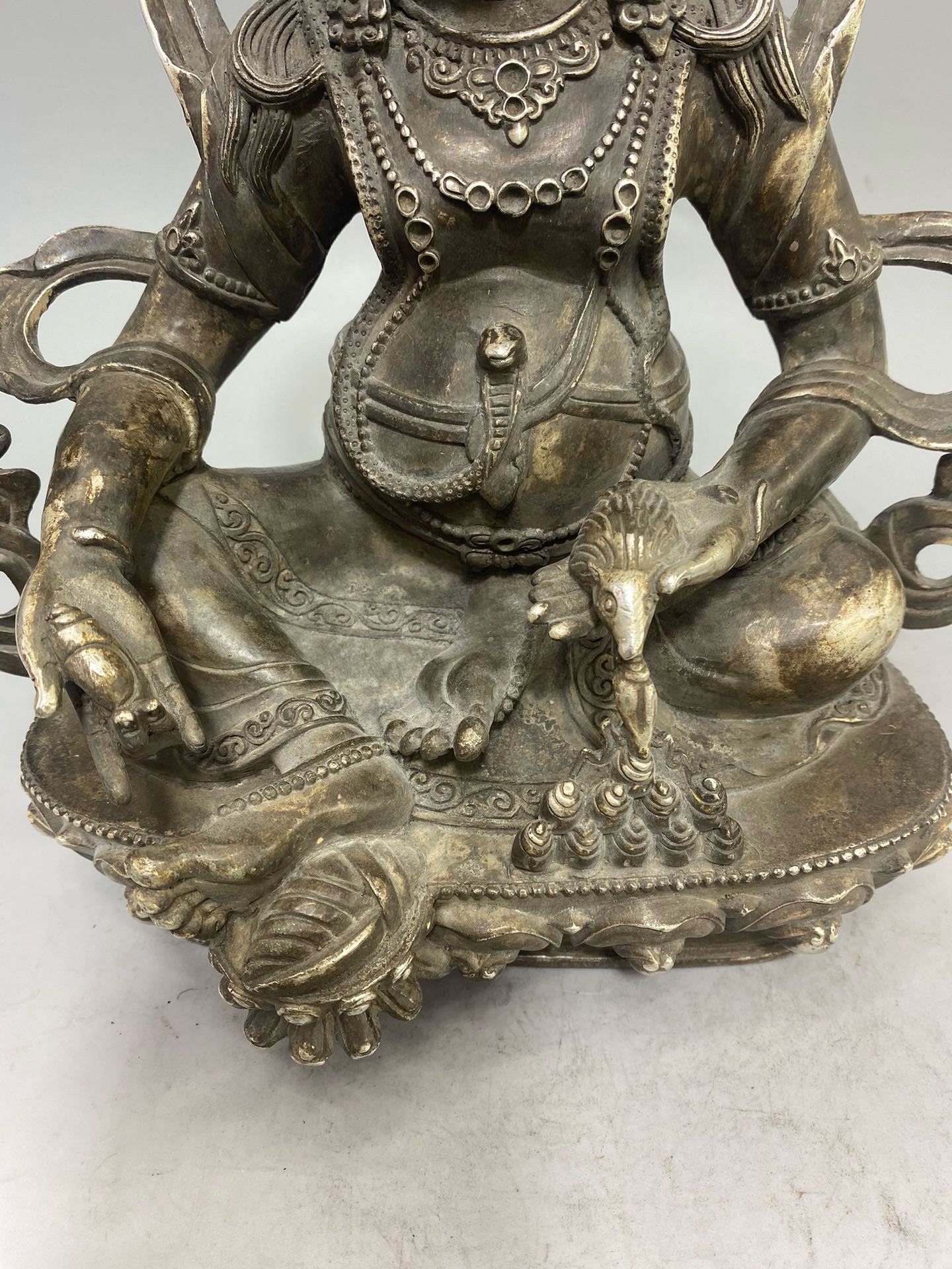 Chinese antique pure copper gilded silver yellow statue of the God of Wealth Buddha ornament