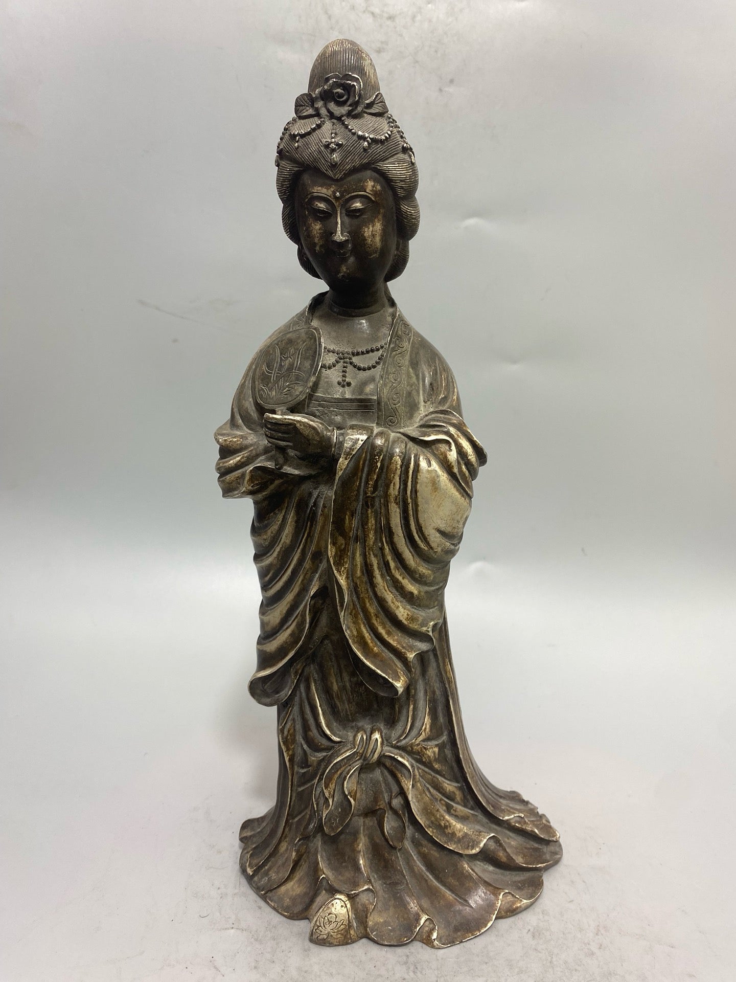 Chinese antique pure copper gilded silver statue of a lady Buddha ornament