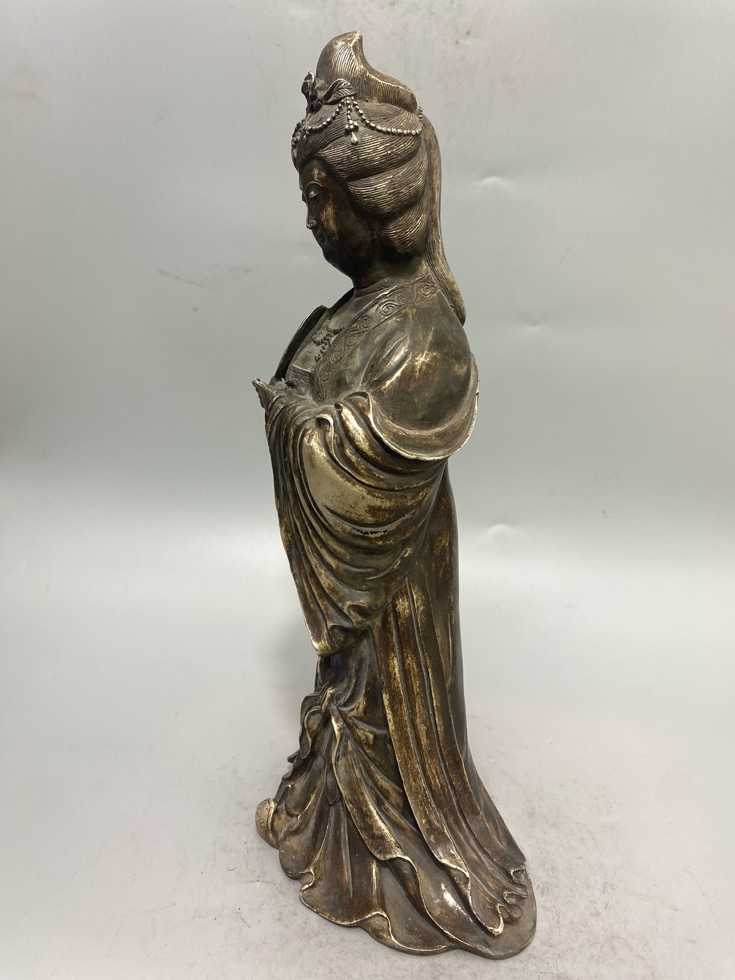 Chinese antique pure copper gilded silver statue of a lady Buddha ornament