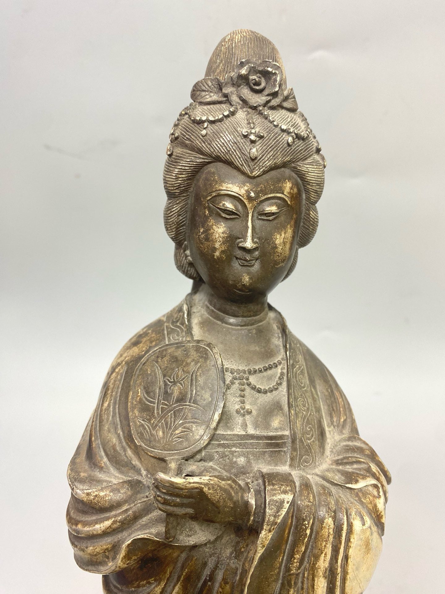 Chinese antique pure copper gilded silver statue of a lady Buddha ornament