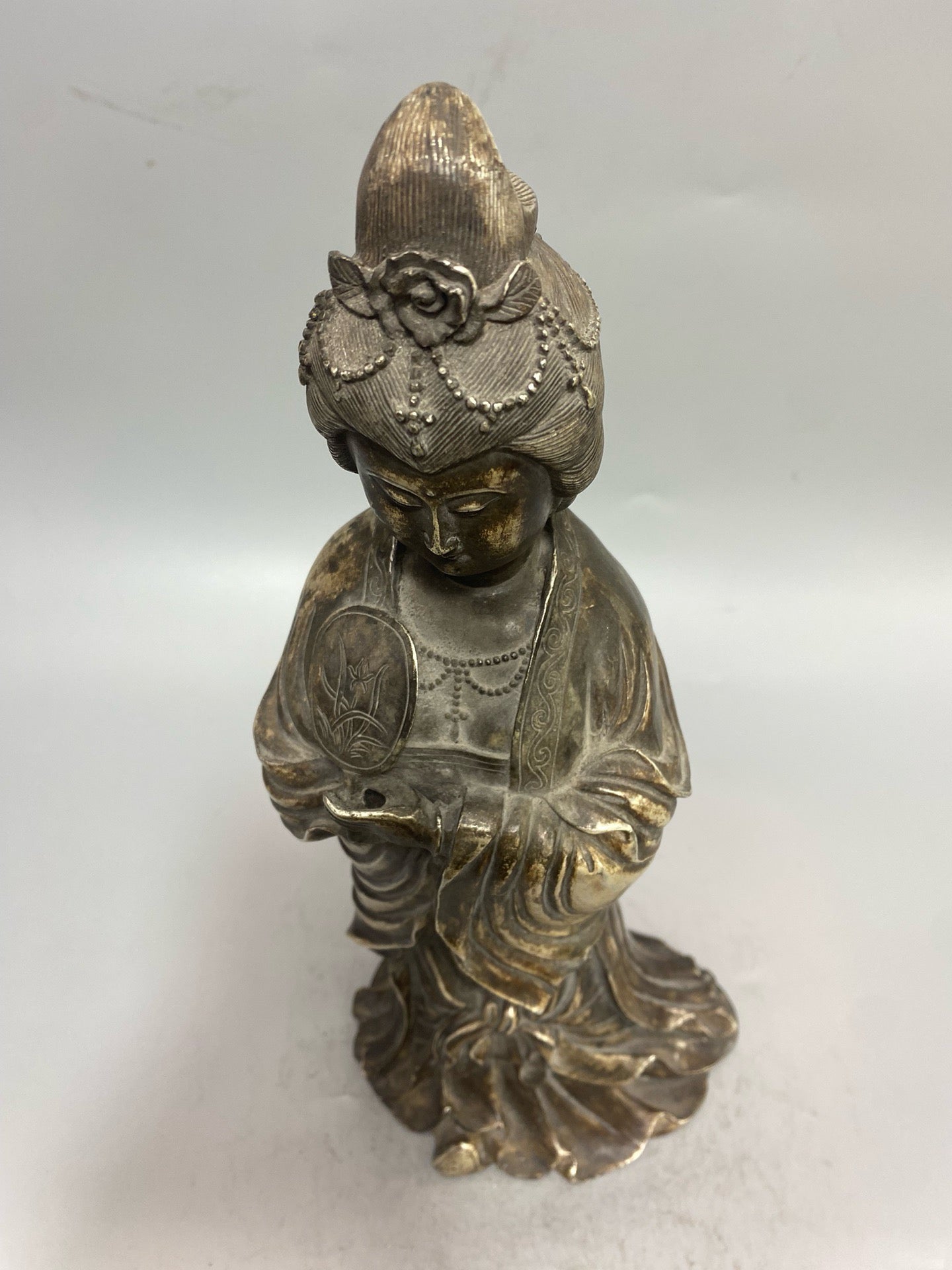 Chinese antique pure copper gilded silver statue of a lady Buddha ornament