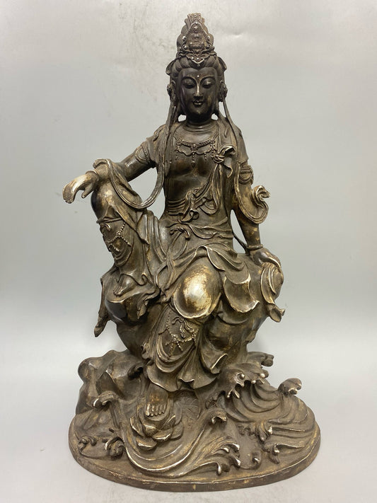 Chinese antique pure copper gilded silver free Guanyin Buddha statue ornament