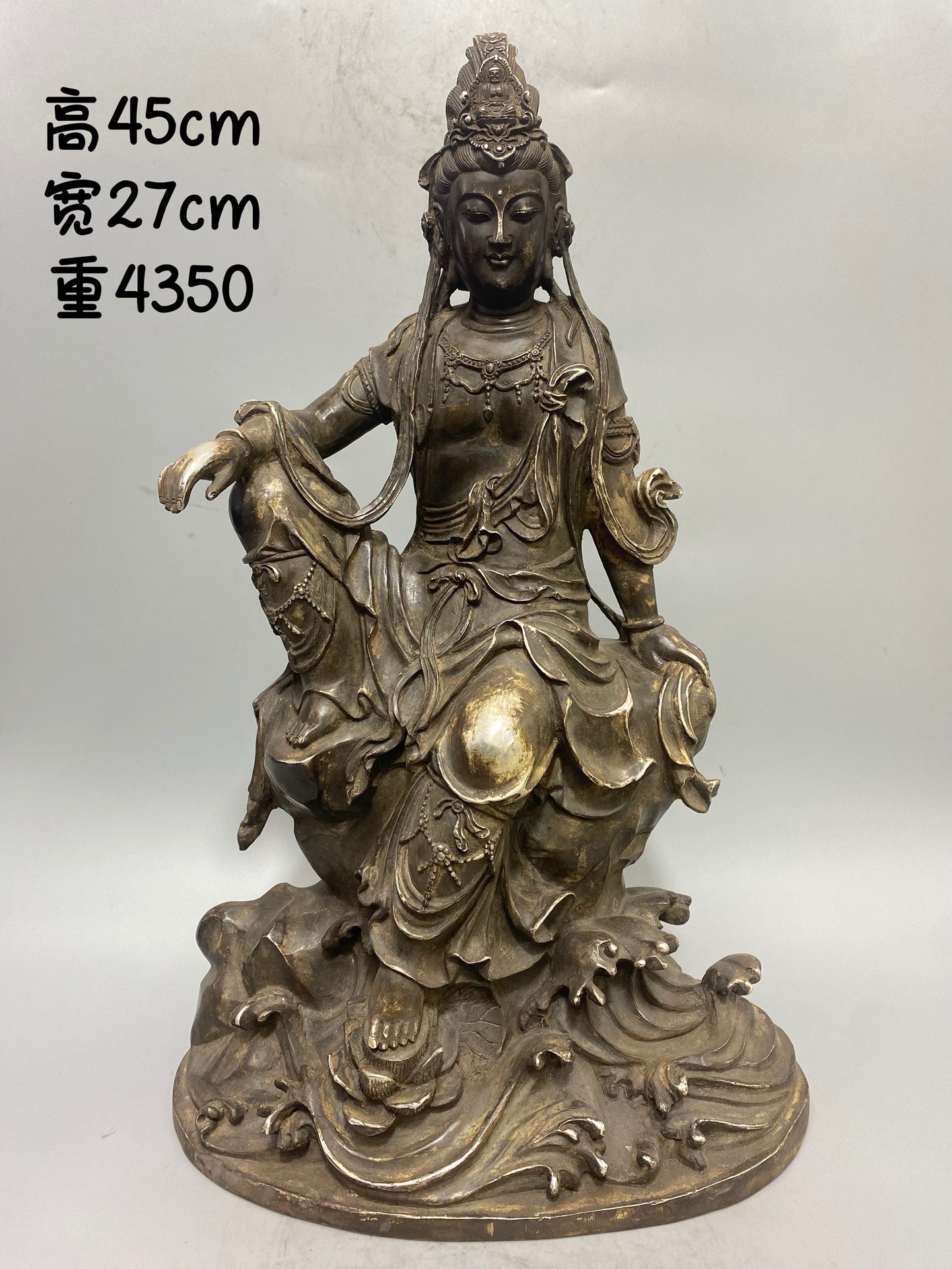 Chinese antique pure copper gilded silver free Guanyin Buddha statue ornament