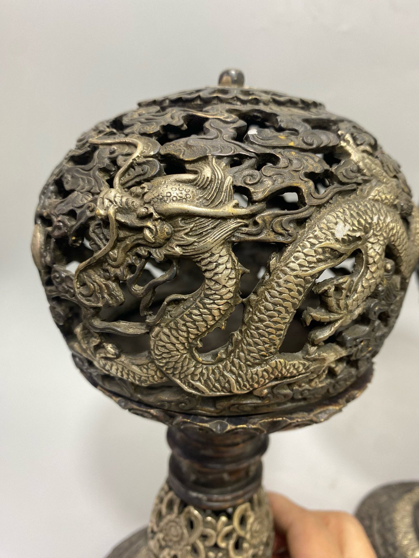 A pair of Chinese antique pure copper gilded silver dragon and phoenix aromatherapy furnaces