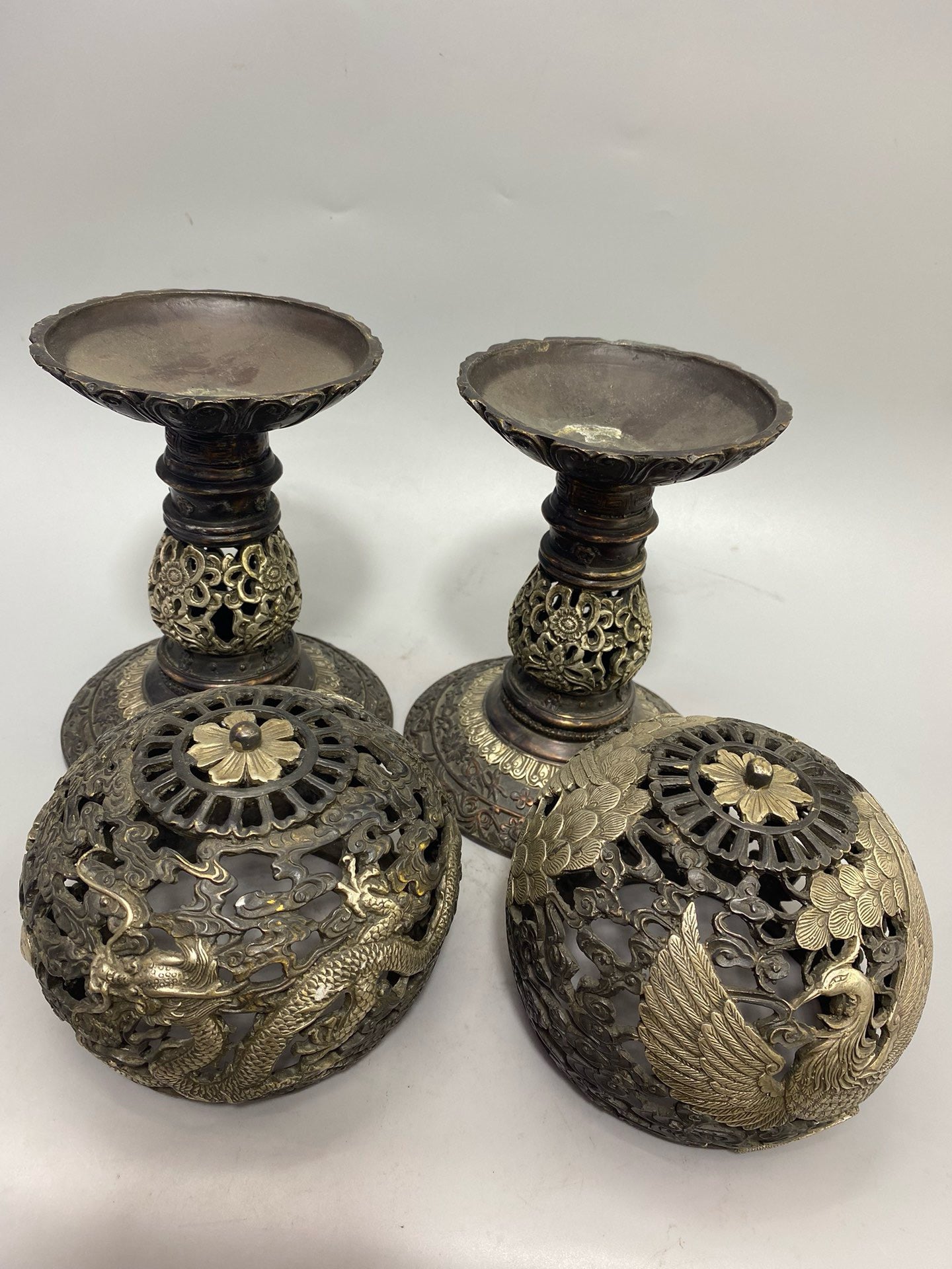 A pair of Chinese antique pure copper gilded silver dragon and phoenix aromatherapy furnaces