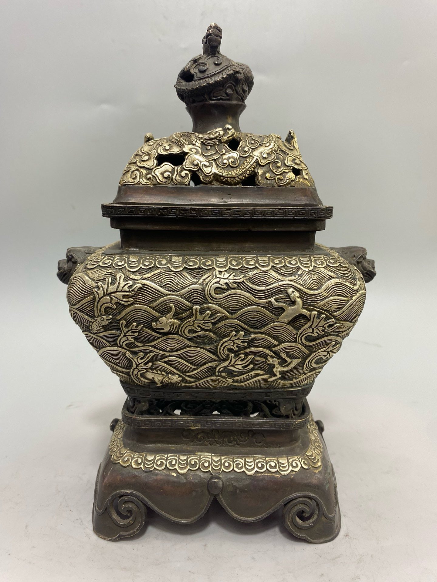 Chinese Antique Pure Copper Gilded Silver Sea Beast Aromatherapy Stove