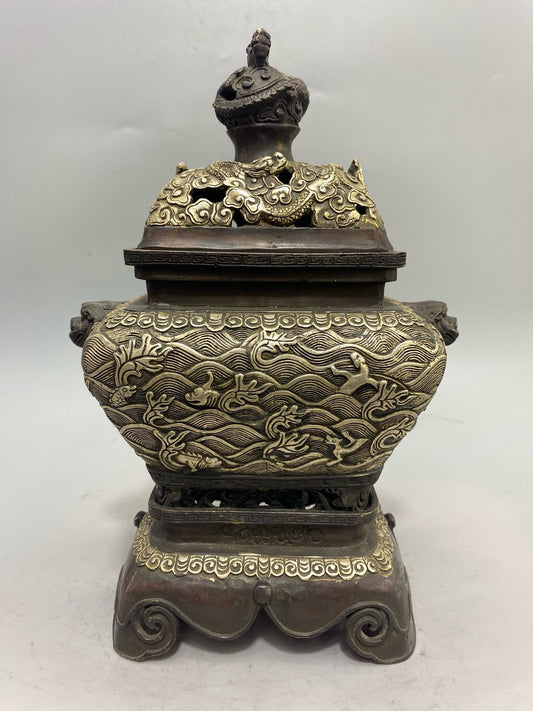 Chinese Antique Pure Copper Gilded Silver Sea Beast Aromatherapy Stove