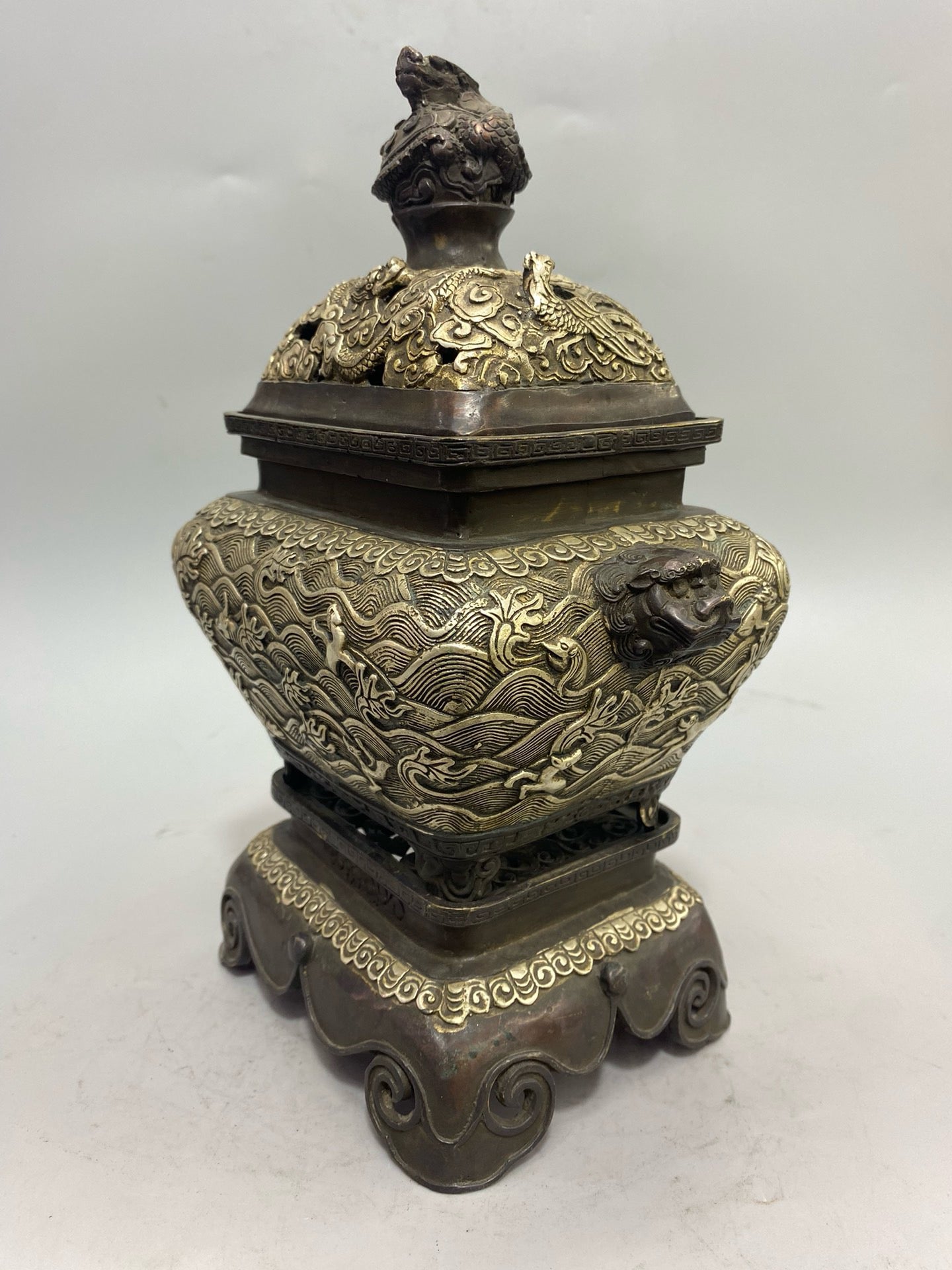Chinese Antique Pure Copper Gilded Silver Sea Beast Aromatherapy Stove