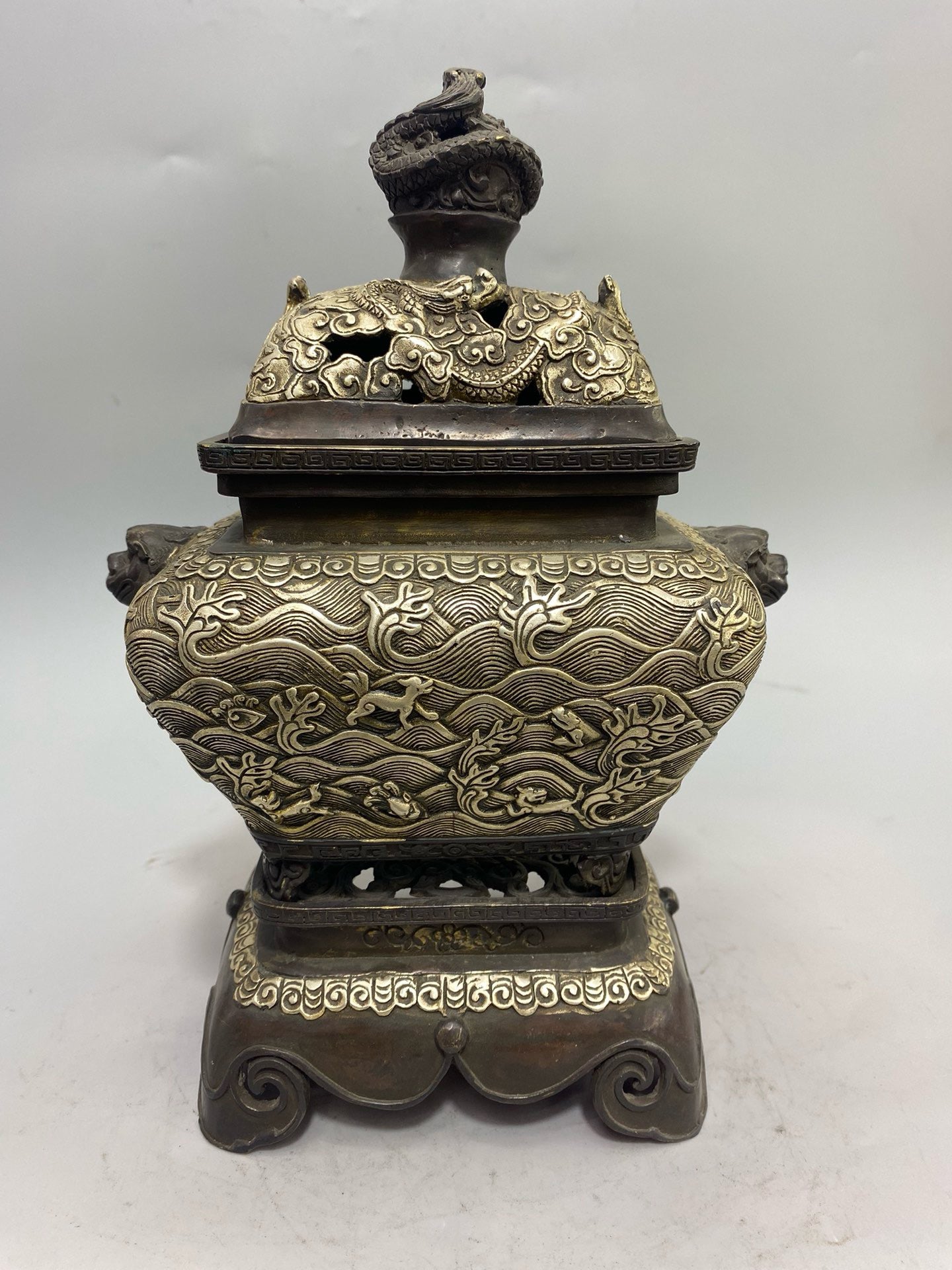 Chinese Antique Pure Copper Gilded Silver Sea Beast Aromatherapy Stove