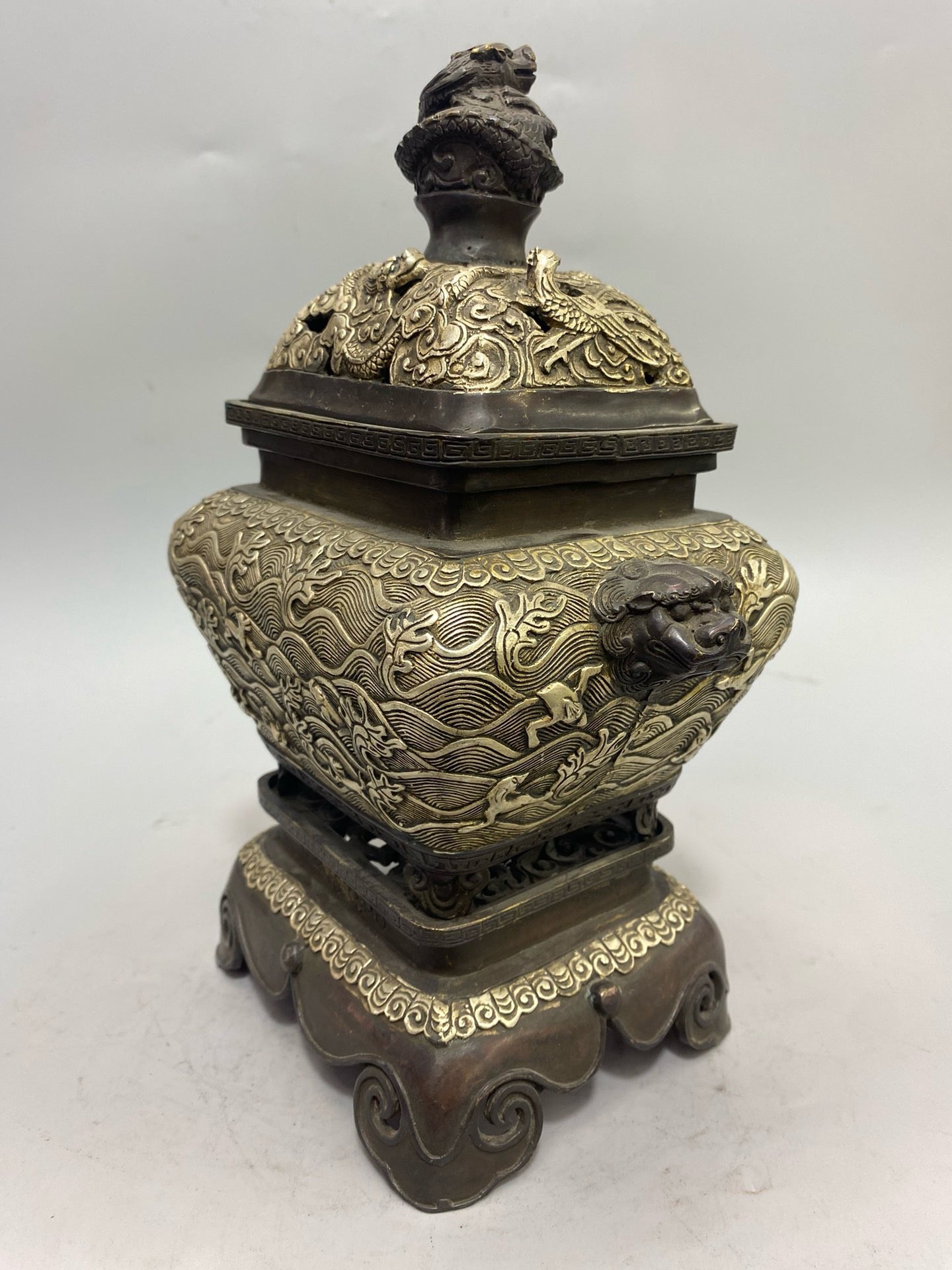 Chinese Antique Pure Copper Gilded Silver Sea Beast Aromatherapy Stove