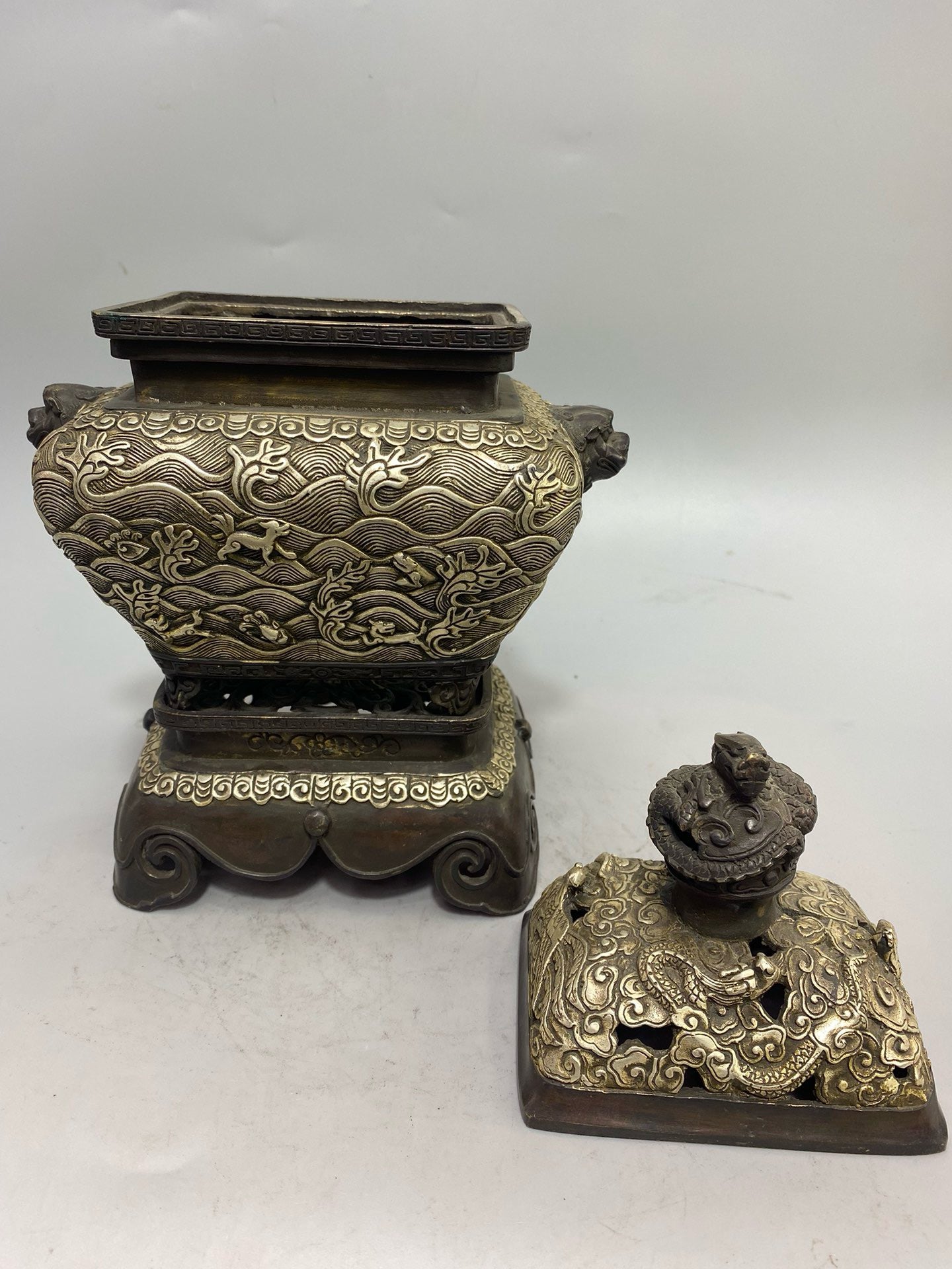 Chinese Antique Pure Copper Gilded Silver Sea Beast Aromatherapy Stove