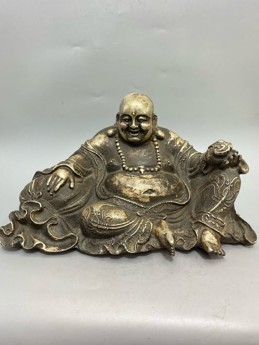 Chinese antique pure copper gilded silver money bag Miller Buddha statue ornament