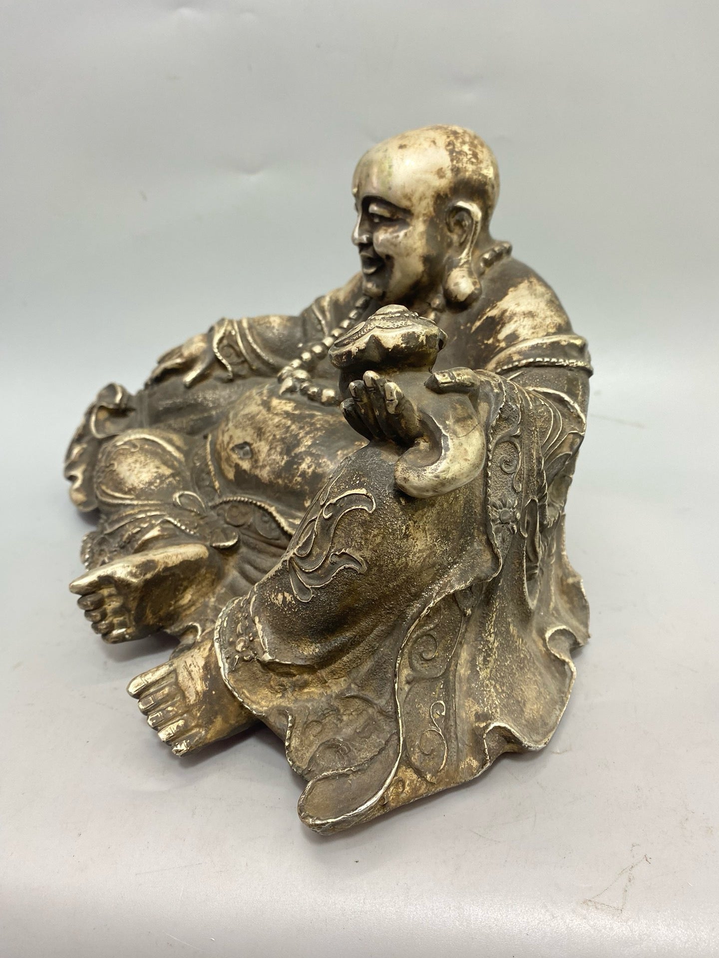 Chinese antique pure copper gilded silver money bag Miller Buddha statue ornament