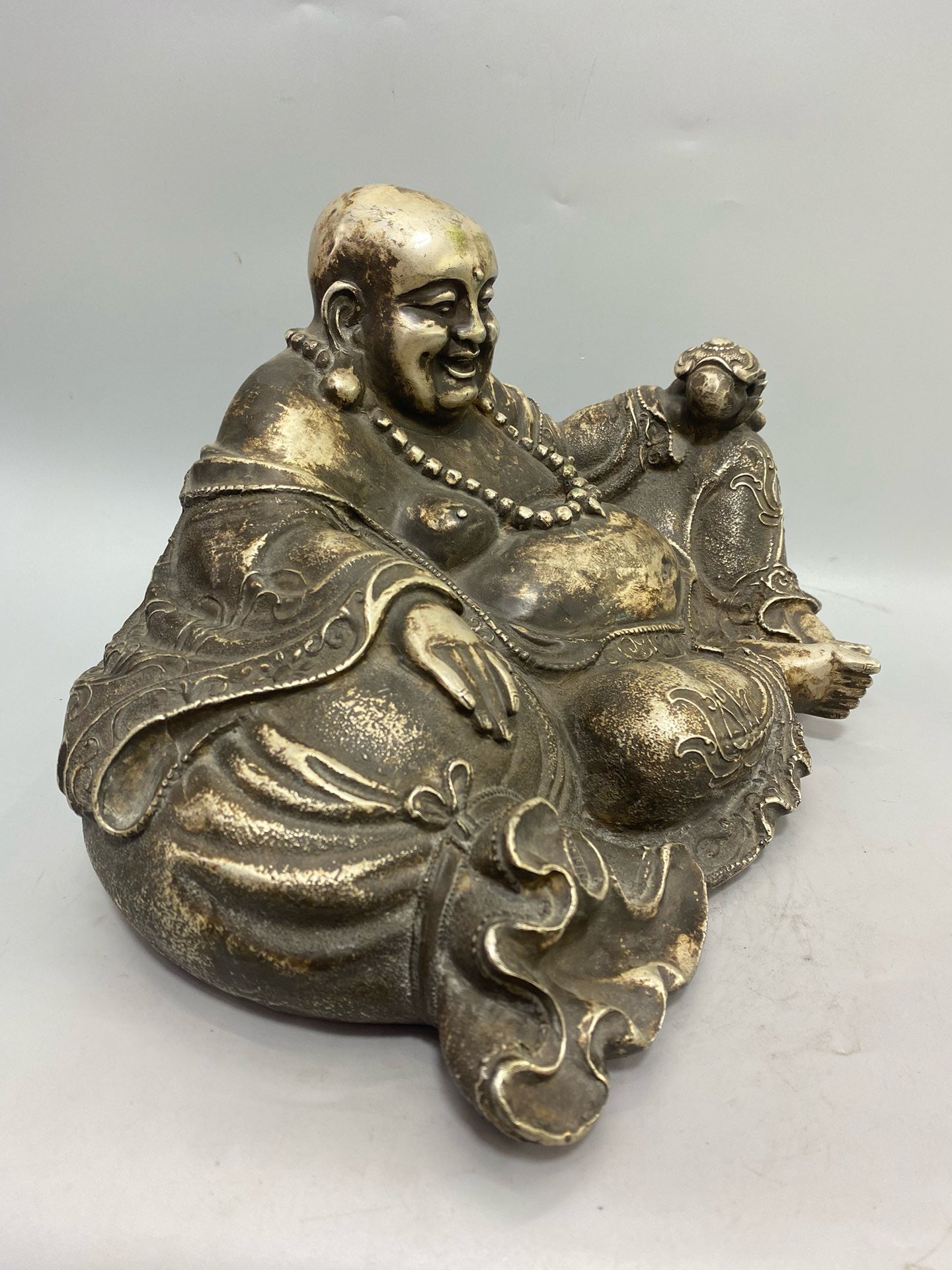 Chinese antique pure copper gilded silver money bag Miller Buddha statue ornament