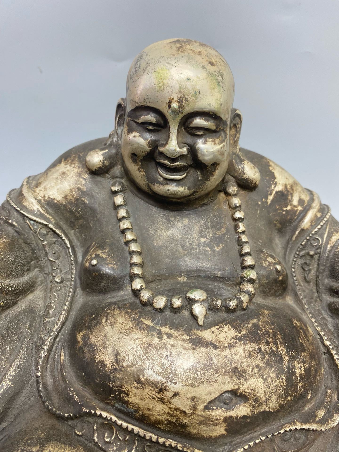 Chinese antique pure copper gilded silver money bag Miller Buddha statue ornament