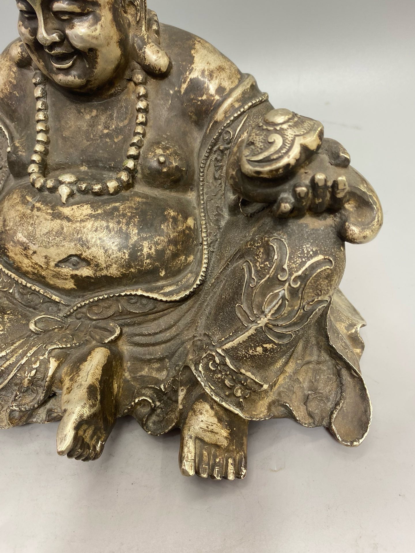 Chinese antique pure copper gilded silver money bag Miller Buddha statue ornament