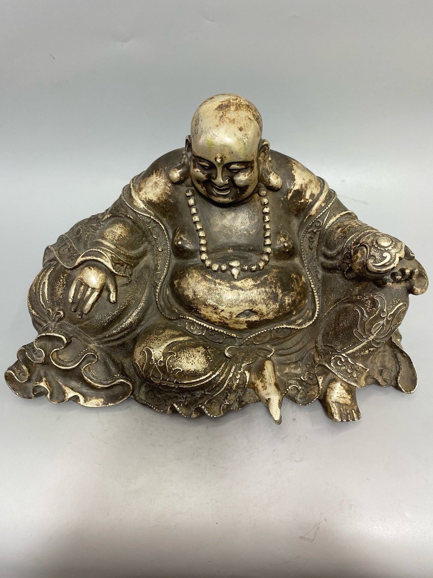 Chinese antique pure copper gilded silver money bag Miller Buddha statue ornament