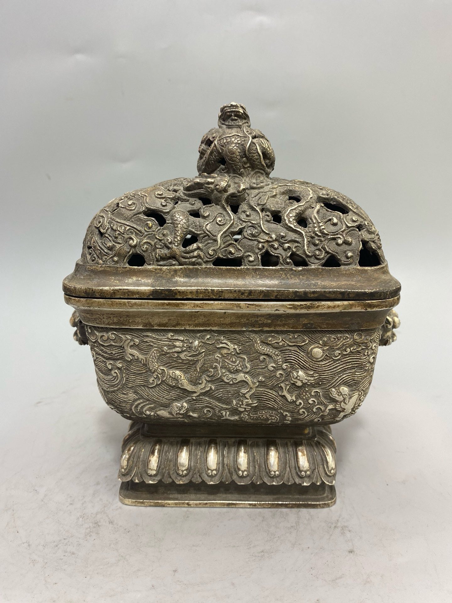 Chinese Antique Pure Copper Gilded Silver Four Square Nine Dragon Aromatherapy Stove