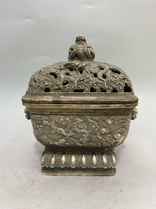 Chinese Antique Pure Copper Gilded Silver Four Square Nine Dragon Aromatherapy Stove