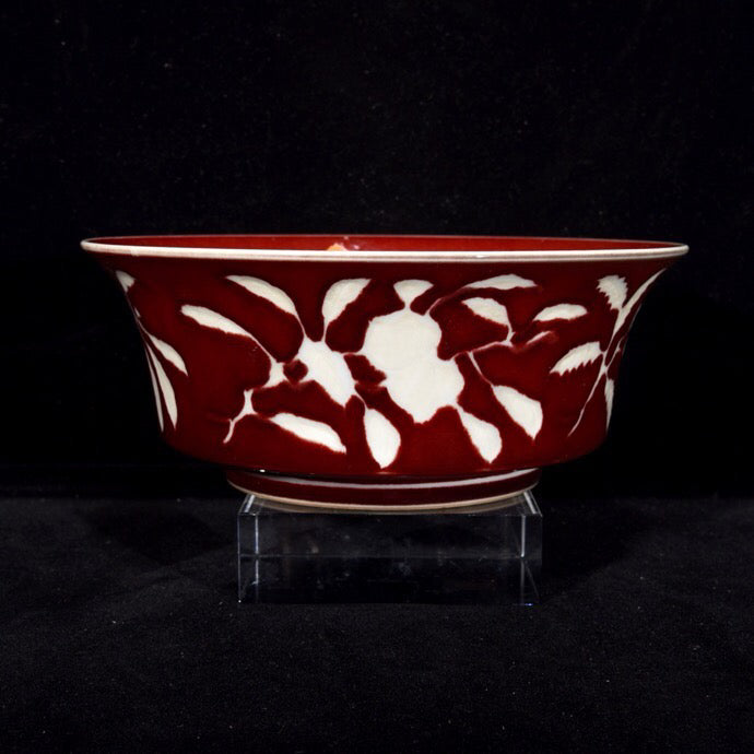 Red Dew White Folded Branch Flower Pattern Folded Waist Bowl