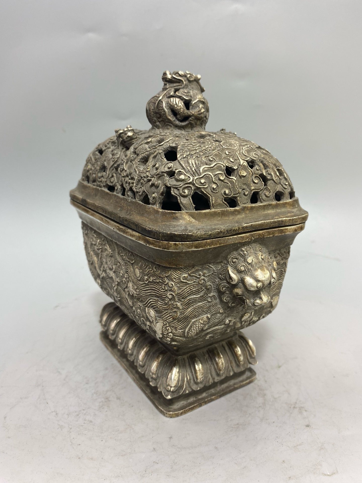 Chinese Antique Pure Copper Gilded Silver Four Square Nine Dragon Aromatherapy Stove