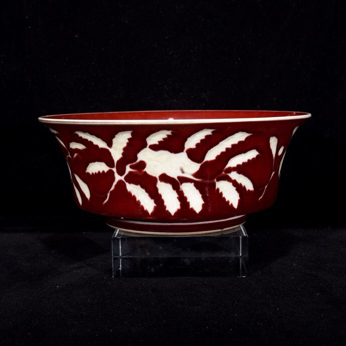 Red Dew White Folded Branch Flower Pattern Folded Waist Bowl