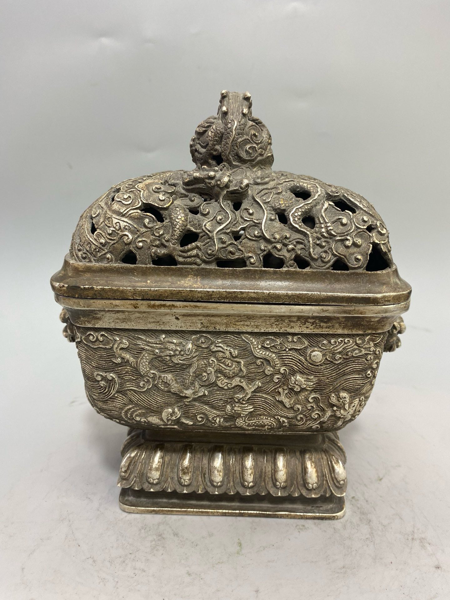 Chinese Antique Pure Copper Gilded Silver Four Square Nine Dragon Aromatherapy Stove