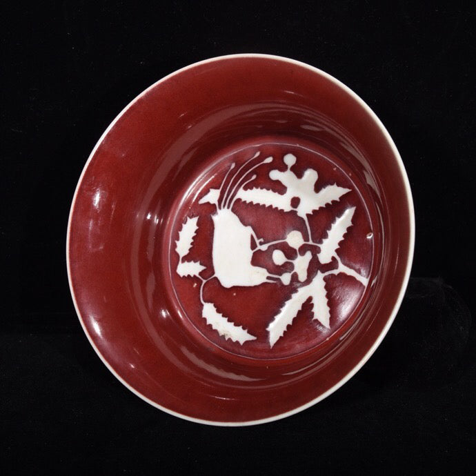 Red Dew White Folded Branch Flower Pattern Folded Waist Bowl