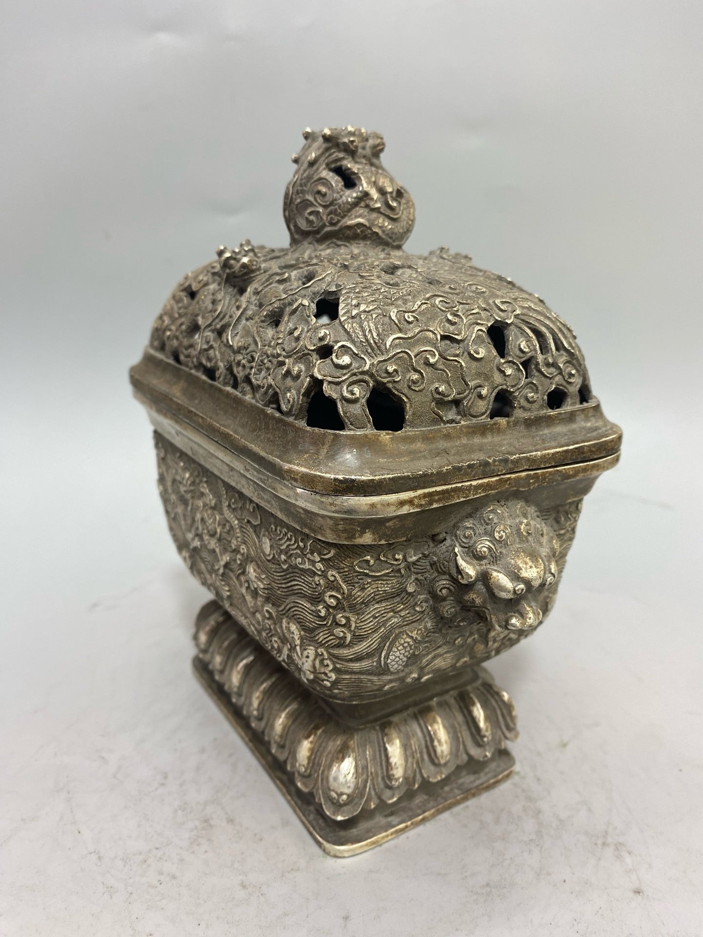 Chinese Antique Pure Copper Gilded Silver Four Square Nine Dragon Aromatherapy Stove