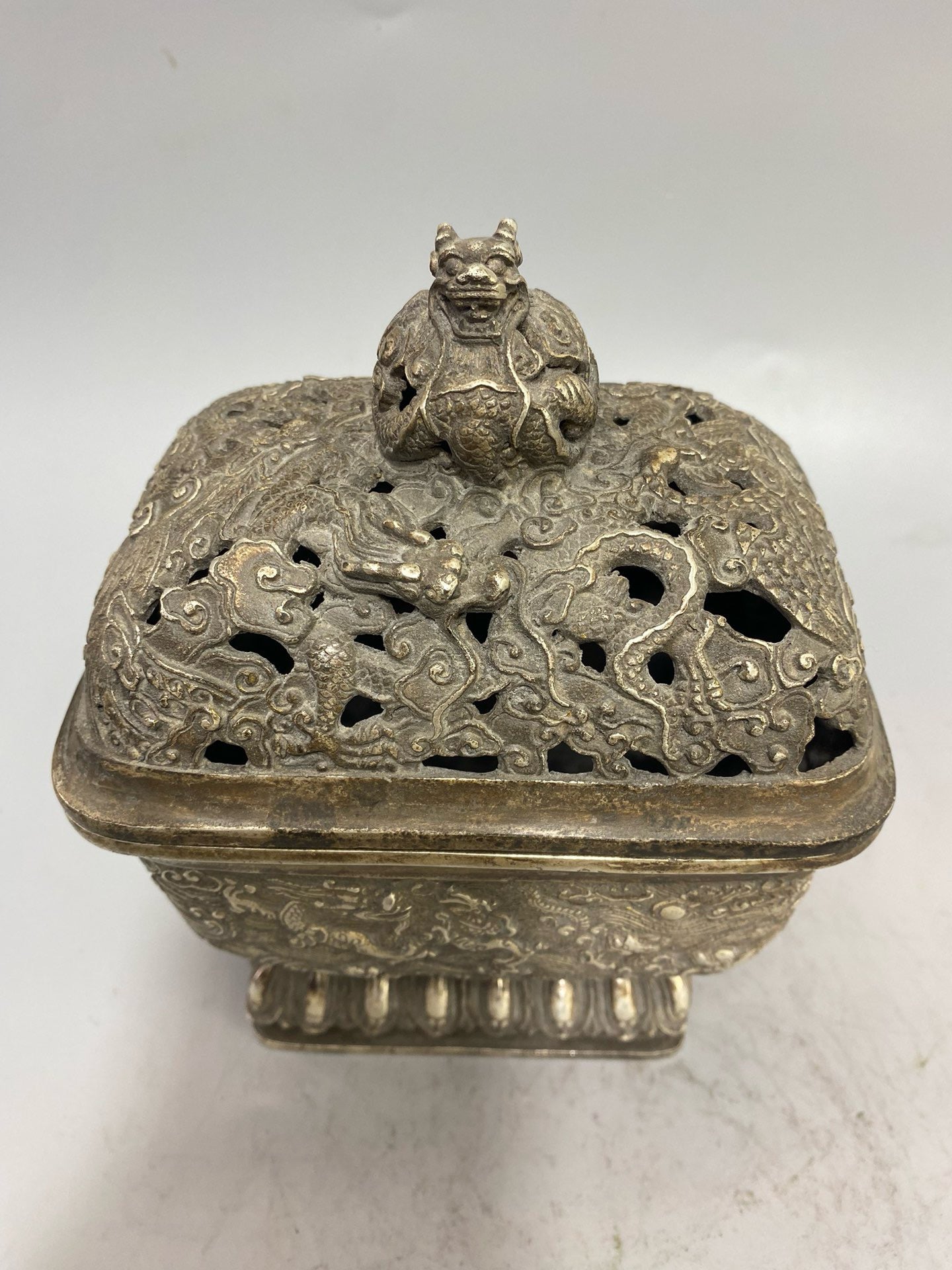 Chinese Antique Pure Copper Gilded Silver Four Square Nine Dragon Aromatherapy Stove
