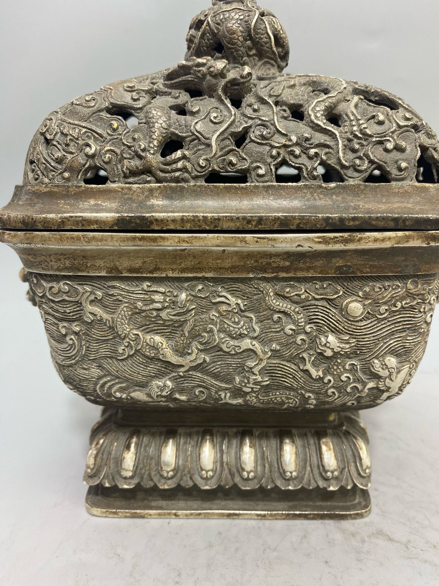 Chinese Antique Pure Copper Gilded Silver Four Square Nine Dragon Aromatherapy Stove