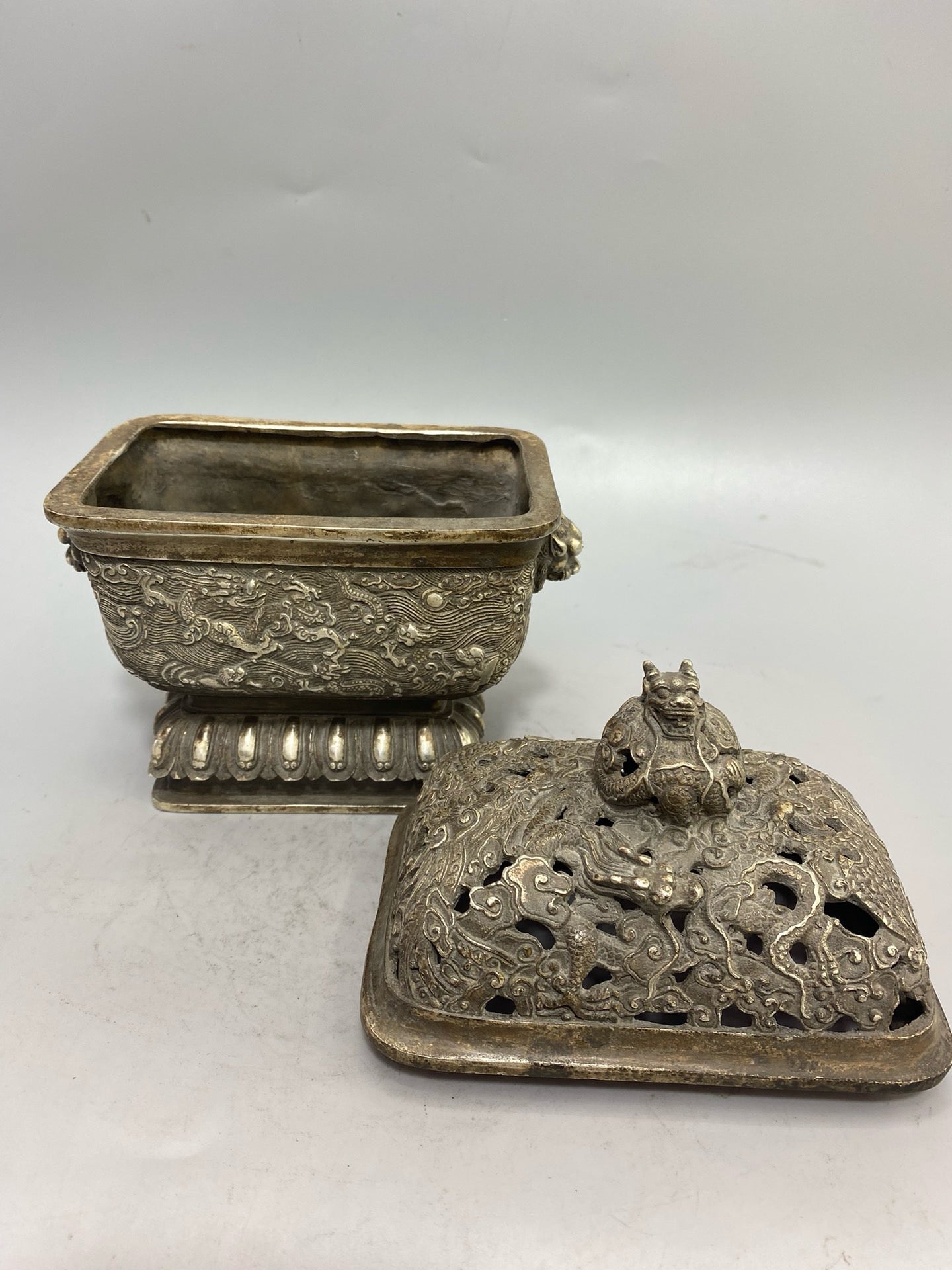 Chinese Antique Pure Copper Gilded Silver Four Square Nine Dragon Aromatherapy Stove