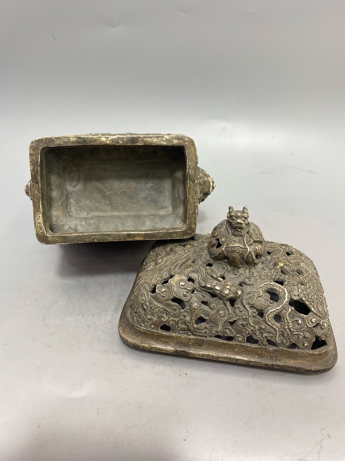 Chinese Antique Pure Copper Gilded Silver Four Square Nine Dragon Aromatherapy Stove