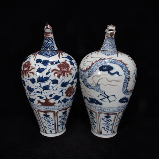Blue and white glazed plum vase with red dragon and phoenix auspicious patterns