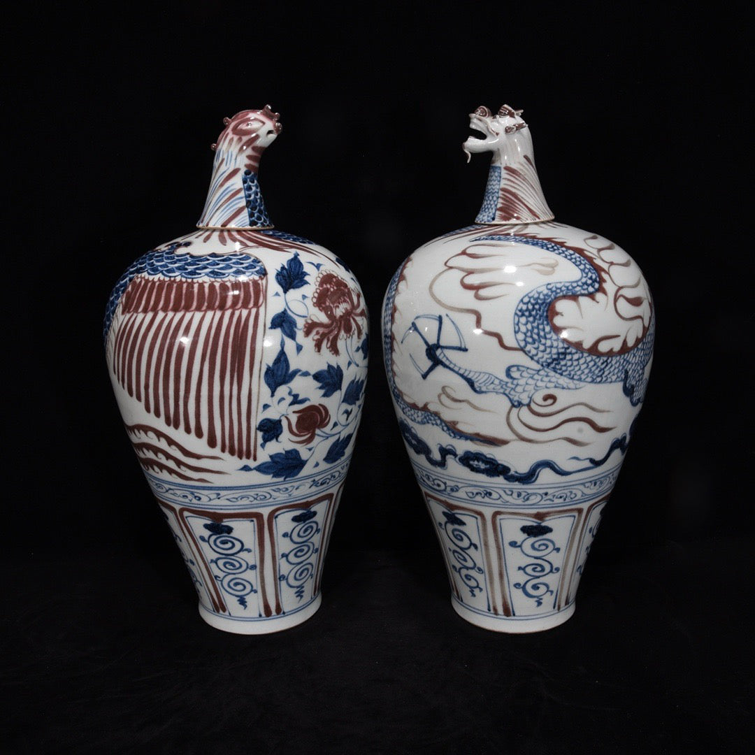 Blue and white glazed plum vase with red dragon and phoenix auspicious patterns