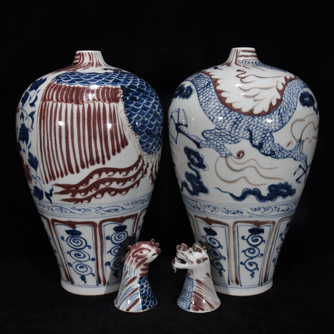 Blue and white glazed plum vase with red dragon and phoenix auspicious patterns