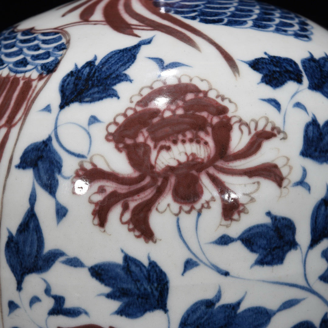 Blue and white glazed plum vase with red dragon and phoenix auspicious patterns