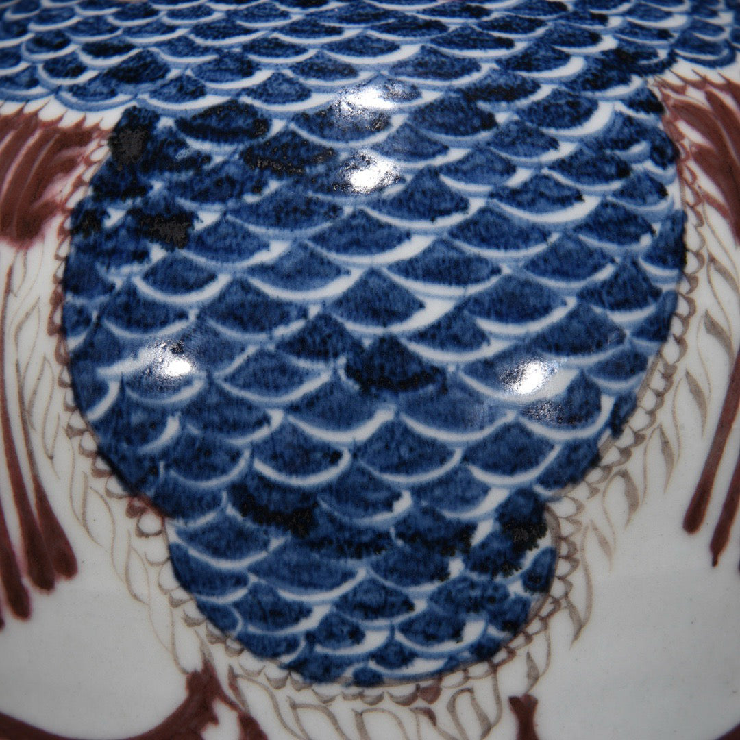 Blue and white glazed plum vase with red dragon and phoenix auspicious patterns