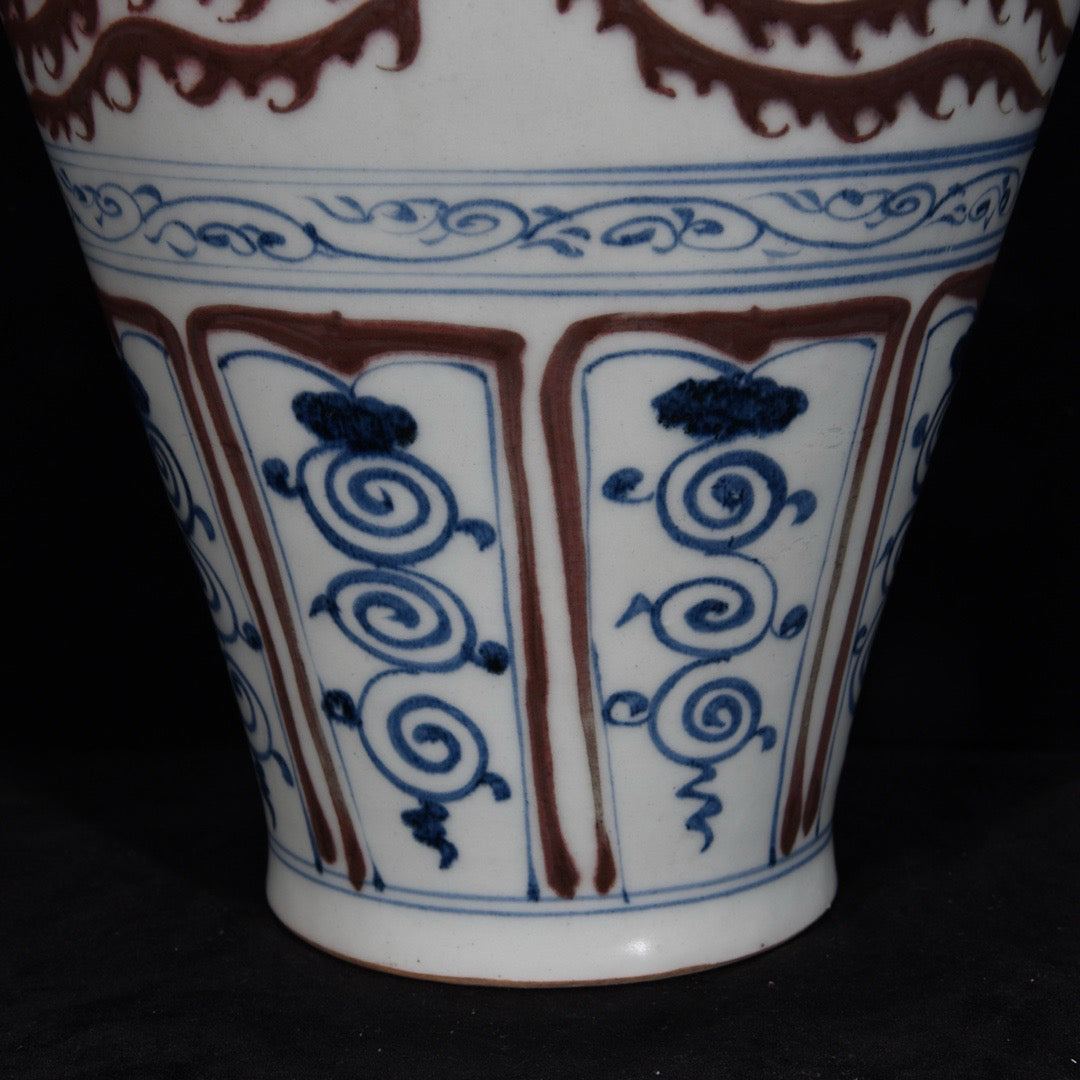 Blue and white glazed plum vase with red dragon and phoenix auspicious patterns