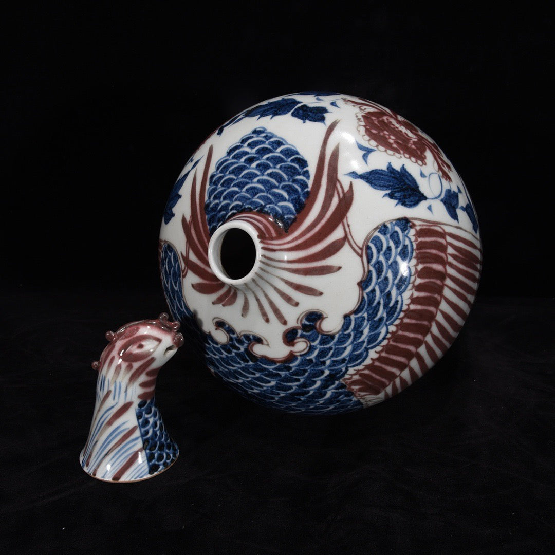 Blue and white glazed plum vase with red dragon and phoenix auspicious patterns