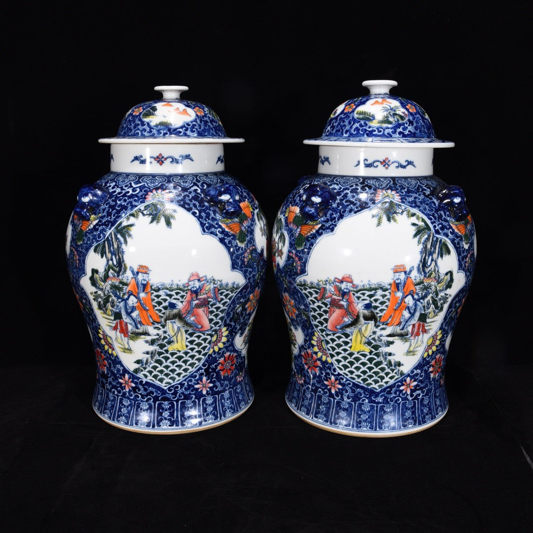 Blue and white window with eight immortal patterns beast head general jar