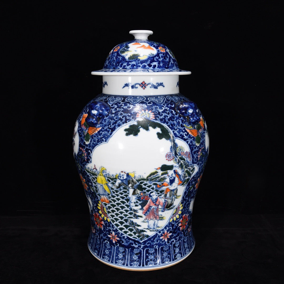 Blue and white window with eight immortal patterns beast head general jar