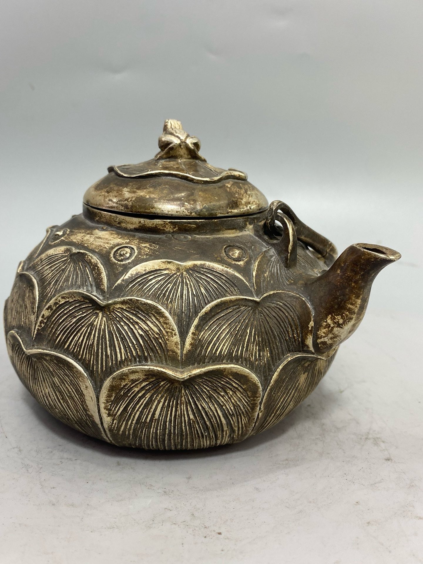 Chinese antique pure copper gilded silver lotus pot