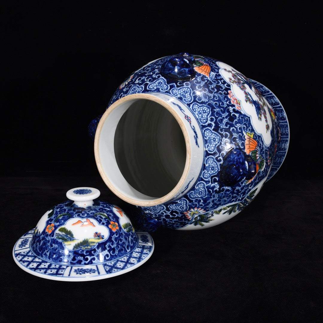 Blue and white window with eight immortal patterns beast head general jar