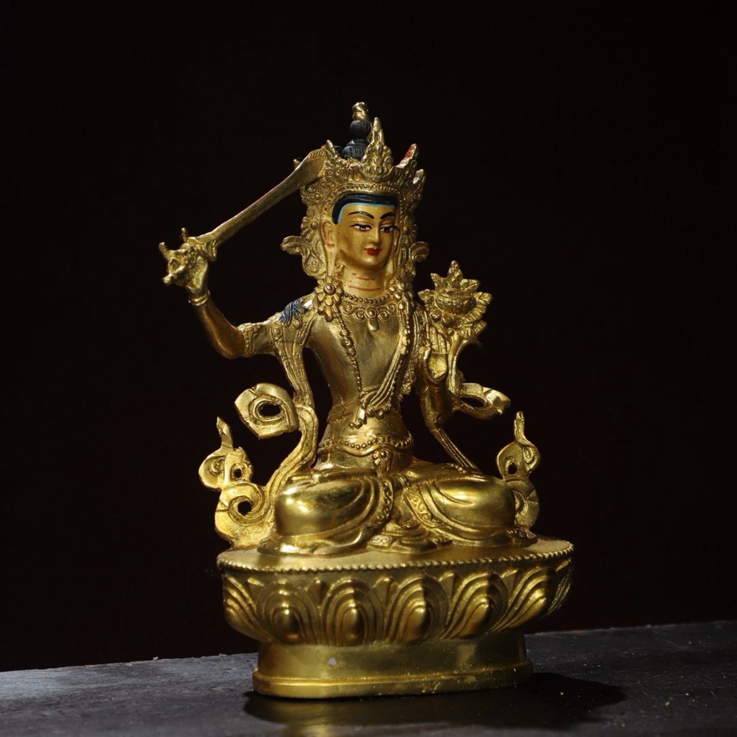 Bronze painted Buddha statue of Manjushri Bodhisattva