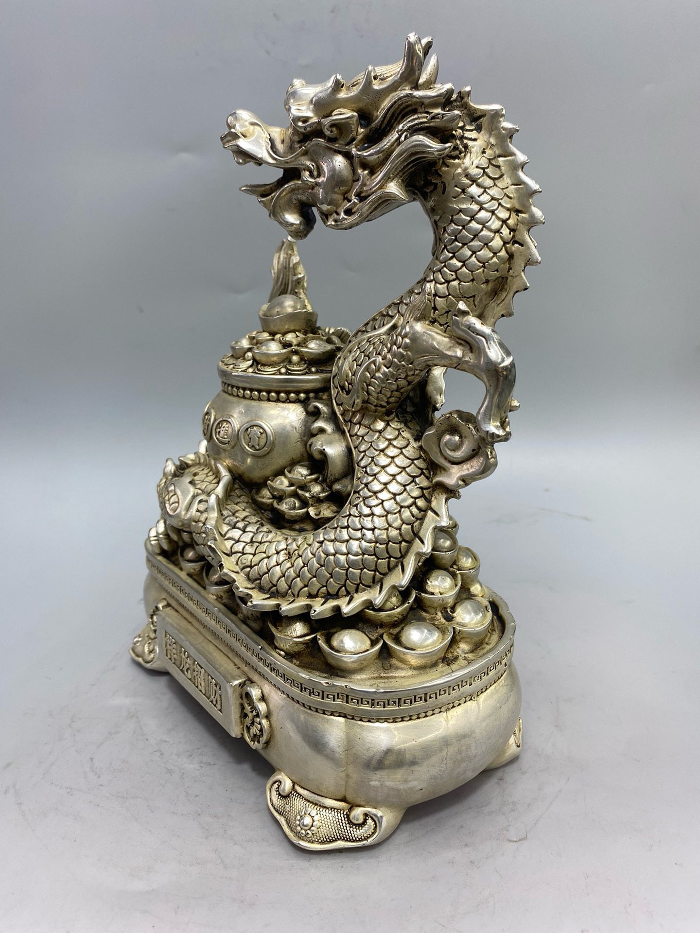 Chinese antique white bronze auspicious dragon wealth attracting ornament