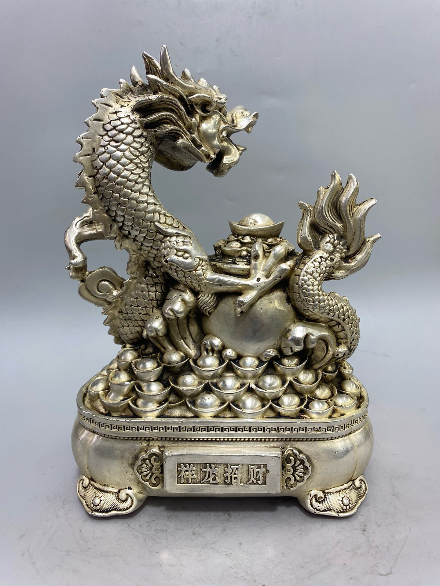 Chinese antique white bronze auspicious dragon wealth attracting ornament